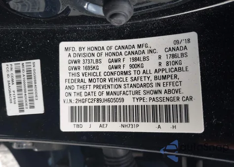 2018 Honda Civic Ex из США, поврежденный, VIN 2HGFC2F89JH605059